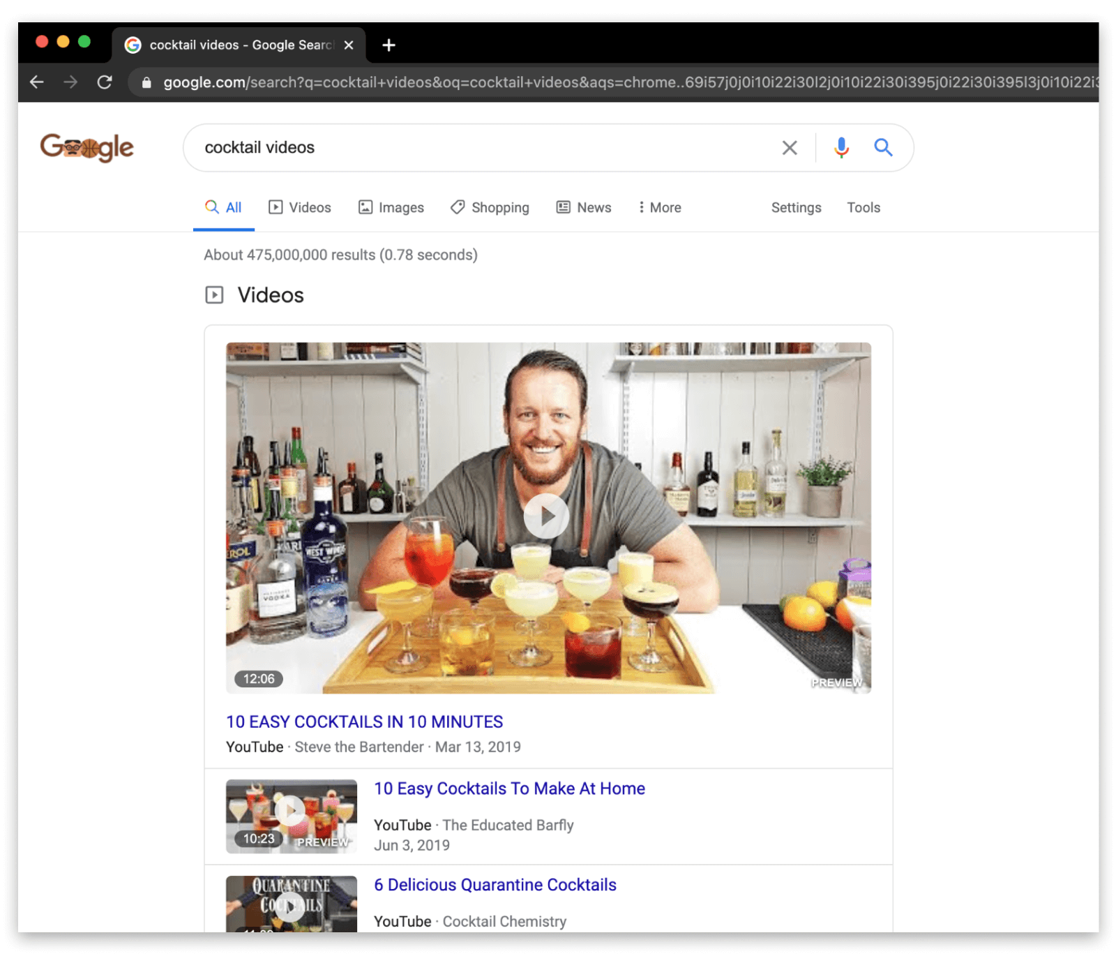 Recherche de « vidéos de cocktails » dans Google pour découvrir des idées de chaînes YouTube