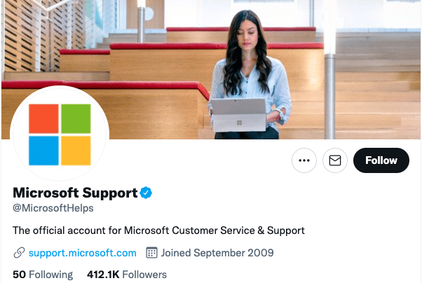 compte Twitter du support Microsoft