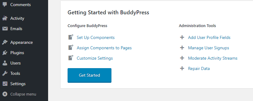 Écran de bienvenue de BuddyPress