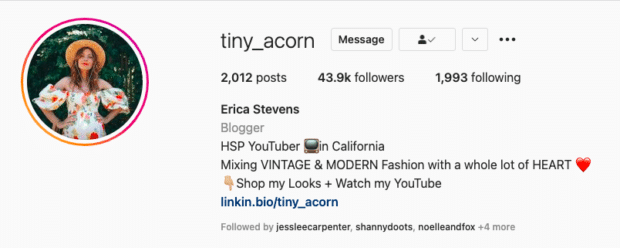 Bio de l'influenceur Instagram Tiny Acorn