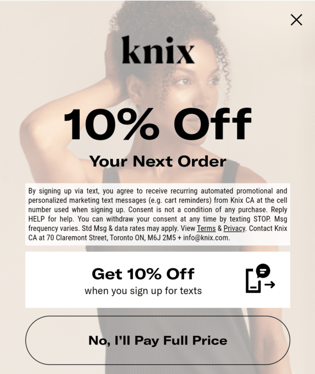 Knix 10% de réduction sur la prochaine commande SMS opt-in