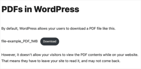 Par défaut, les PDF sont ajoutés en tant que liens de téléchargement