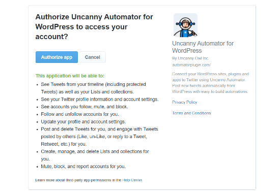 Autoriser Uncanny Automator à accéder au compte Twitter