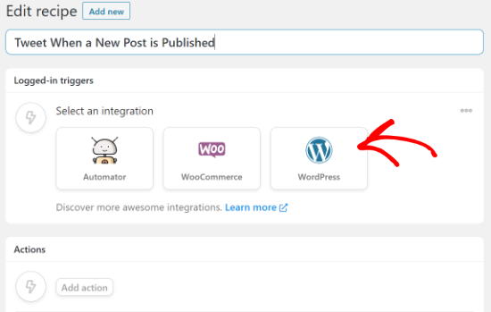 Sélectionnez WordPress comme intégration