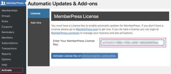 Entrez votre clé de licence MemberPress