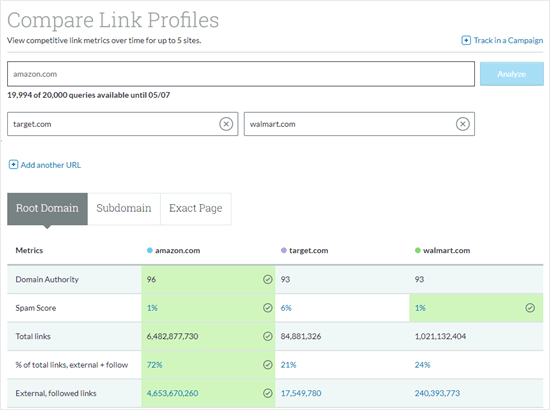Comparer les profils de backlink à l'aide de Moz
