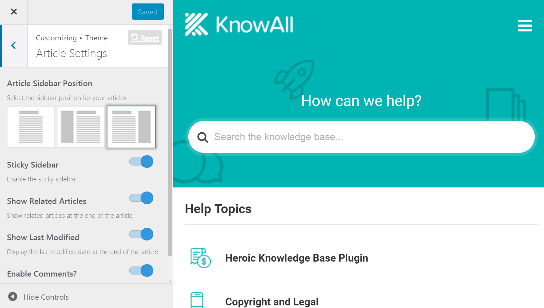 Paramètres des articles de KnowAll.