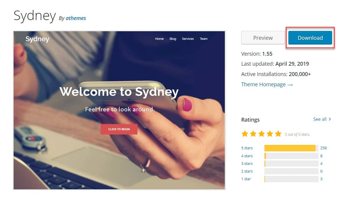 Téléchargement de Sydney à partir du référentiel WordPress