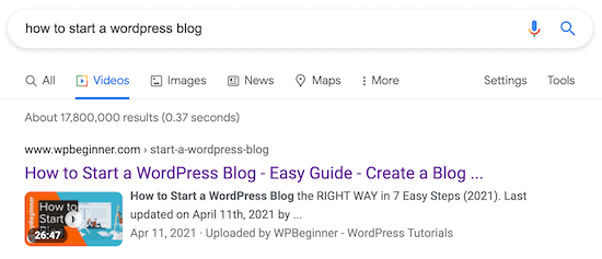 Page de résultats de recherche SEO vidéo WordPress