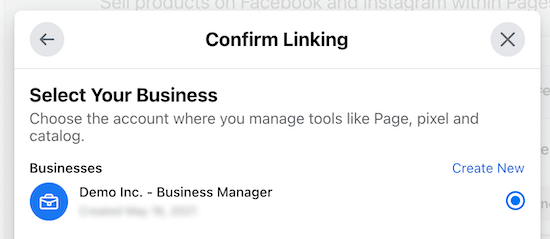 Confirmer l'association au compte Facebook Business
