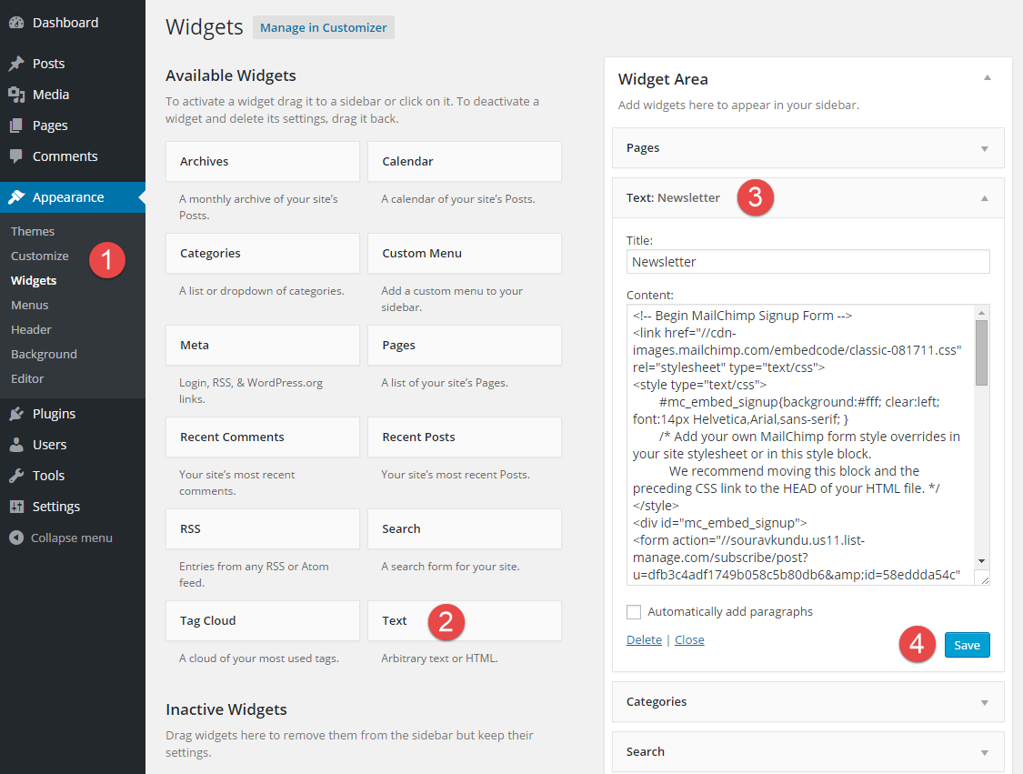 Séquence d'étapes pour intégrer le formulaire d'inscription MailChimp dans un widget dans WordPress