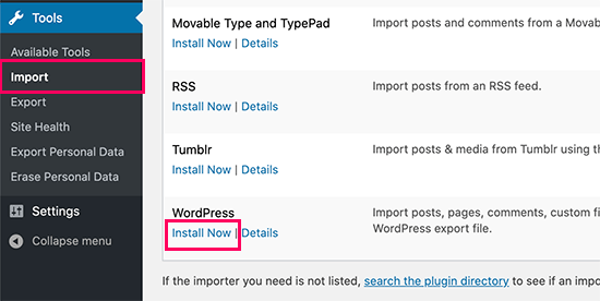 Installer l'importateur WordPress