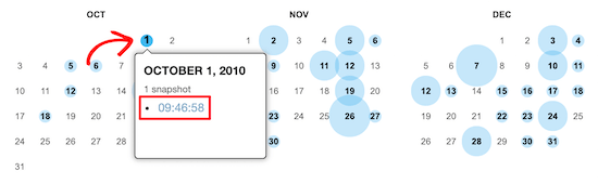 Affichage du calendrier Wayback Machine