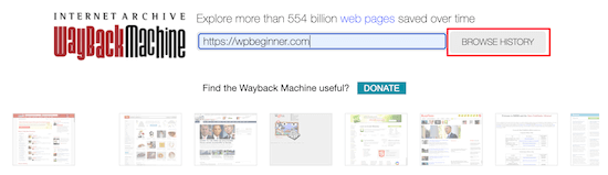 Historique du site de navigation de Wayback Machine