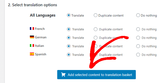 Cliquer sur le bouton pour ajouter le contenu que vous avez sélectionné à votre panier de traduction