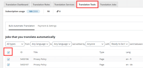Sélection de votre contenu pour la traduction automatique en masse