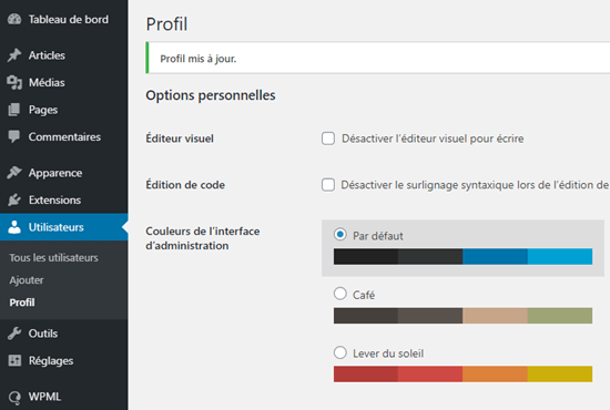 L'espace d'administration WordPress affiché en français