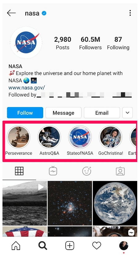 Couvertures de la NASA Instagram Highlight