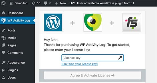 Ajouter une clé de licence pour le journal d'activité WP