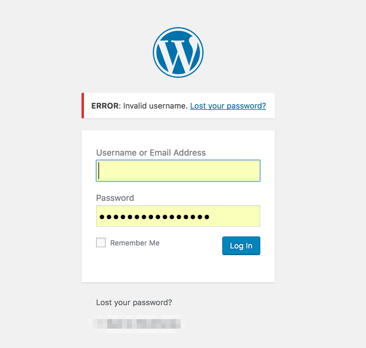 Un écran de connexion WordPress affichant une erreur.