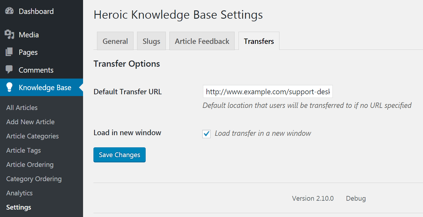 Paramètres de transfert dans KnowAll.