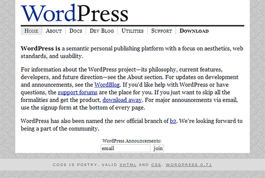 Page d'accueil WordPress.org en 2003