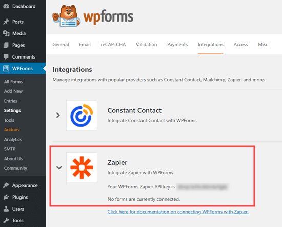 Obtenir la clé API Zapier à partir de WPForms