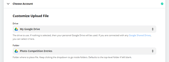 Sélectionnez le Google Drive que vous souhaitez utiliser ainsi que le dossier dans lequel placer les fichiers téléchargés