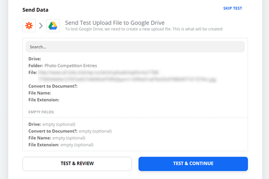 Envoi du fichier de test à Google Drive à l'aide de Zapier
