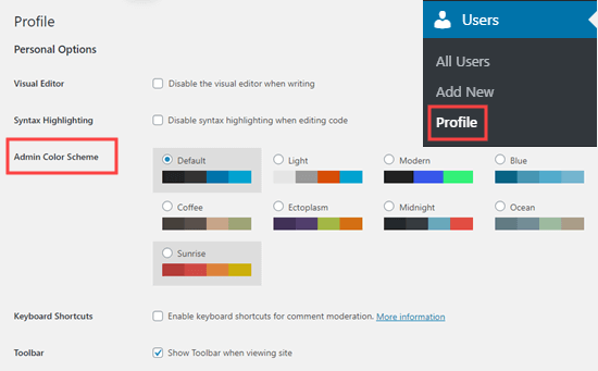 Sélection d'un schéma de couleurs administrateur dans WordPress, sur votre page de profil utilisateur