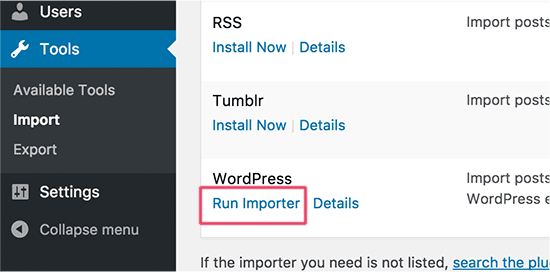 Exécuter l'importateur WordPress