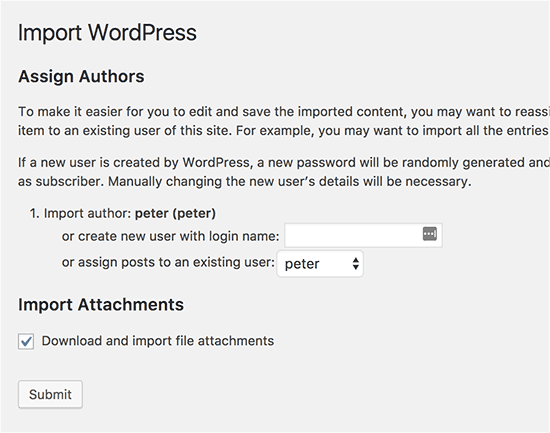 Paramètres d'importation WordPress