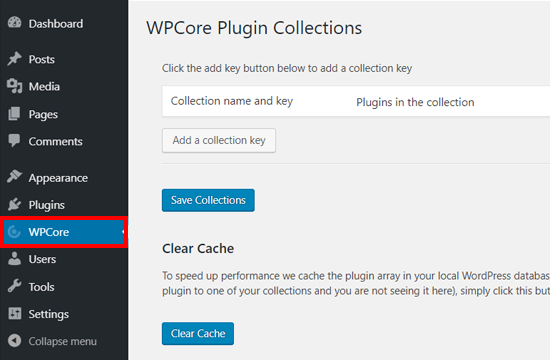 Paramètres du plugin WPCore Plugin Manager