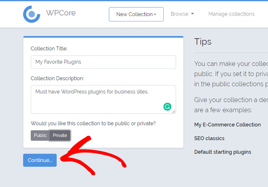 Créer une nouvelle collection de plugins sur WPCore