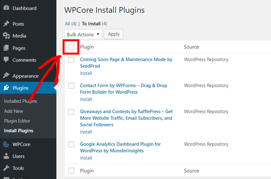 Sélectionnez tous les plugins à installer en bloc sur WordPress avec WPCore