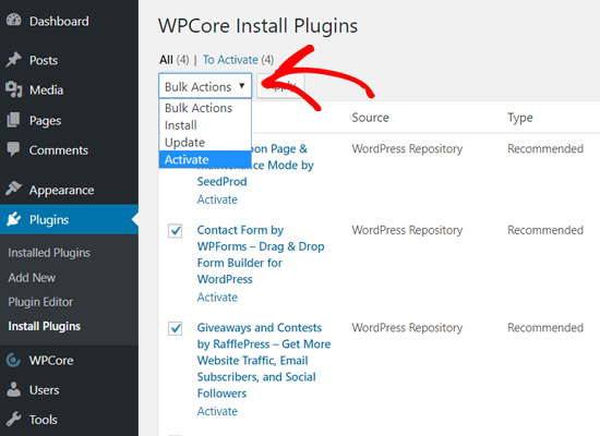 Activer les plugins en vrac avec WPCore