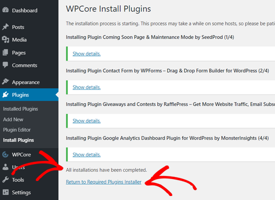Tous les plugins installés dans WordPress avec WPCore