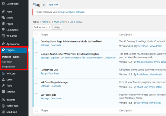 Page des plugins installés dans WordPress