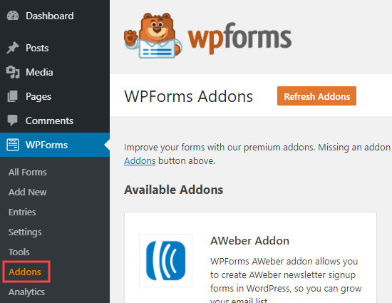 La page des modules complémentaires WPForms dans votre administrateur WordPress