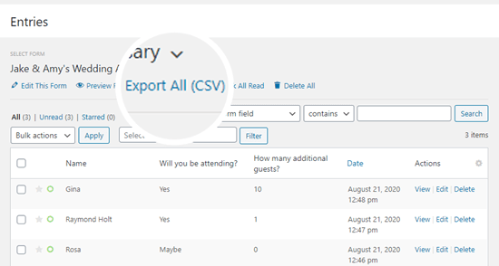 Exportez un fichier CSV des entrées de votre formulaire RSVP pour produire une liste d'invités