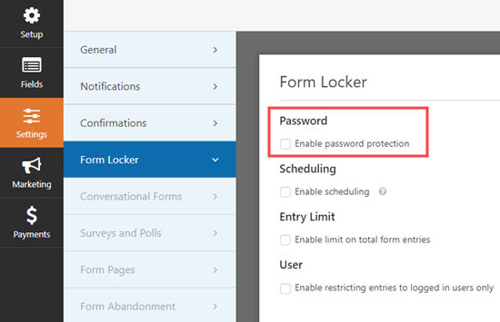 Aller à la page des paramètres de Form Locker dans WPForms et cocher la case du mot de passe