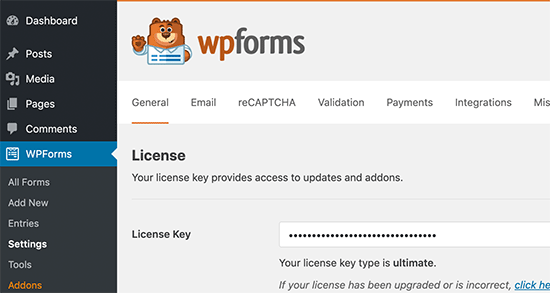 Ajouter la clé de licence WPForms