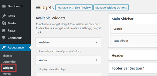 La section widgets de l'administrateur WordPress