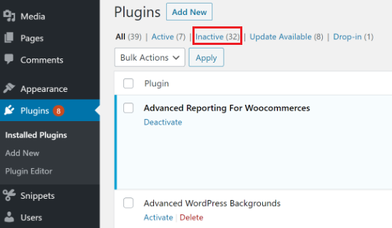Plugins inactifs dans WordPress