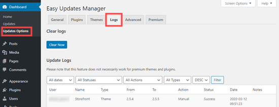 L'onglet logs du plugin Easy Updates Manager
