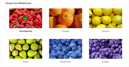 Exemple de choix d'images utilisés dans un formulaire : affiche des images colorées pour 6 options de fruits