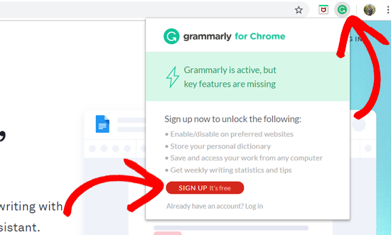 Extension Grammarly sur Chrome - S'inscrire