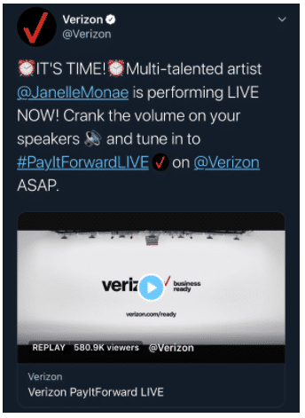 Tweet de Verizon faisant la promotion d'un Twitter Live avec des emojis d'horloge