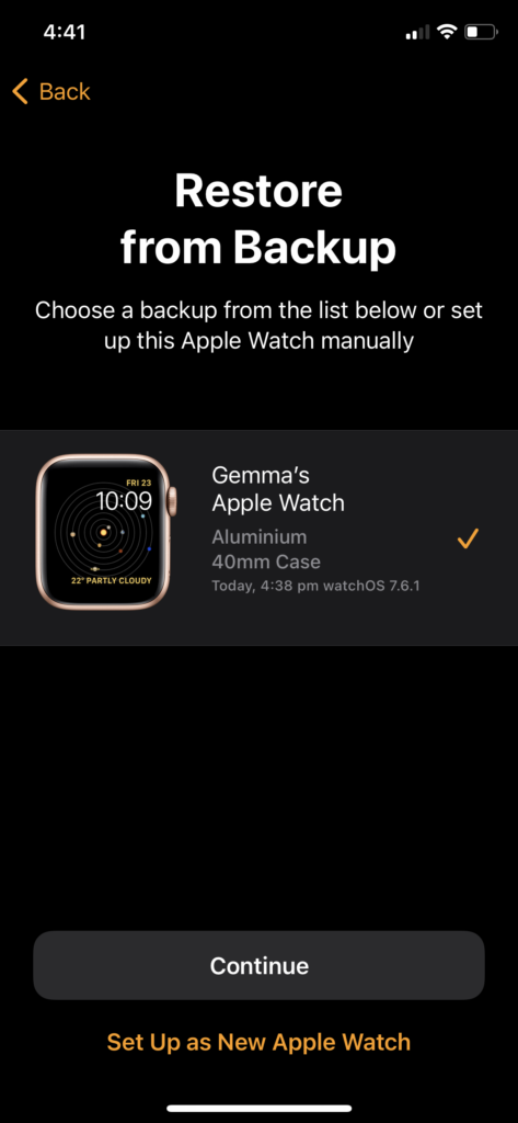 Restauration de l'Apple Watch à partir de la sauvegarde 3
