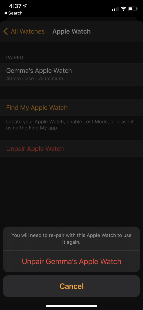 dissocier Apple Watch appuyez sur Dissocier Apple Watch